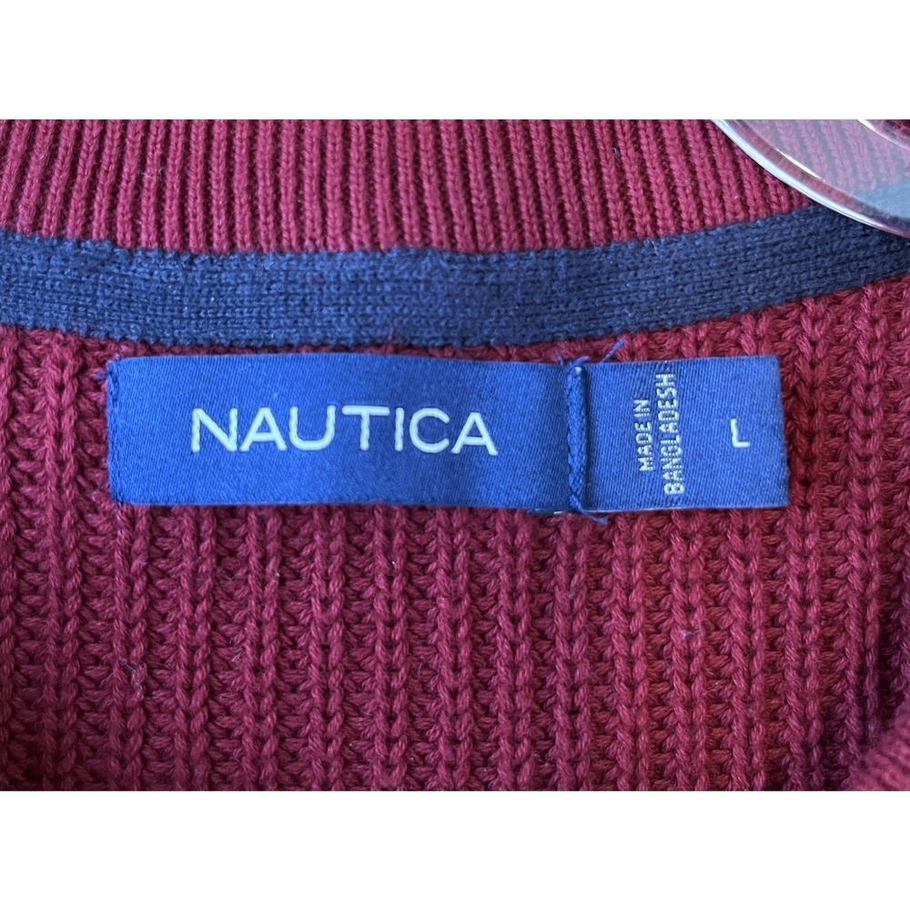 Nautica Mens Burgundy Cable Knit L 100% Cotton Crewneck Sweater Nautical Logo - Picture 8 of 9